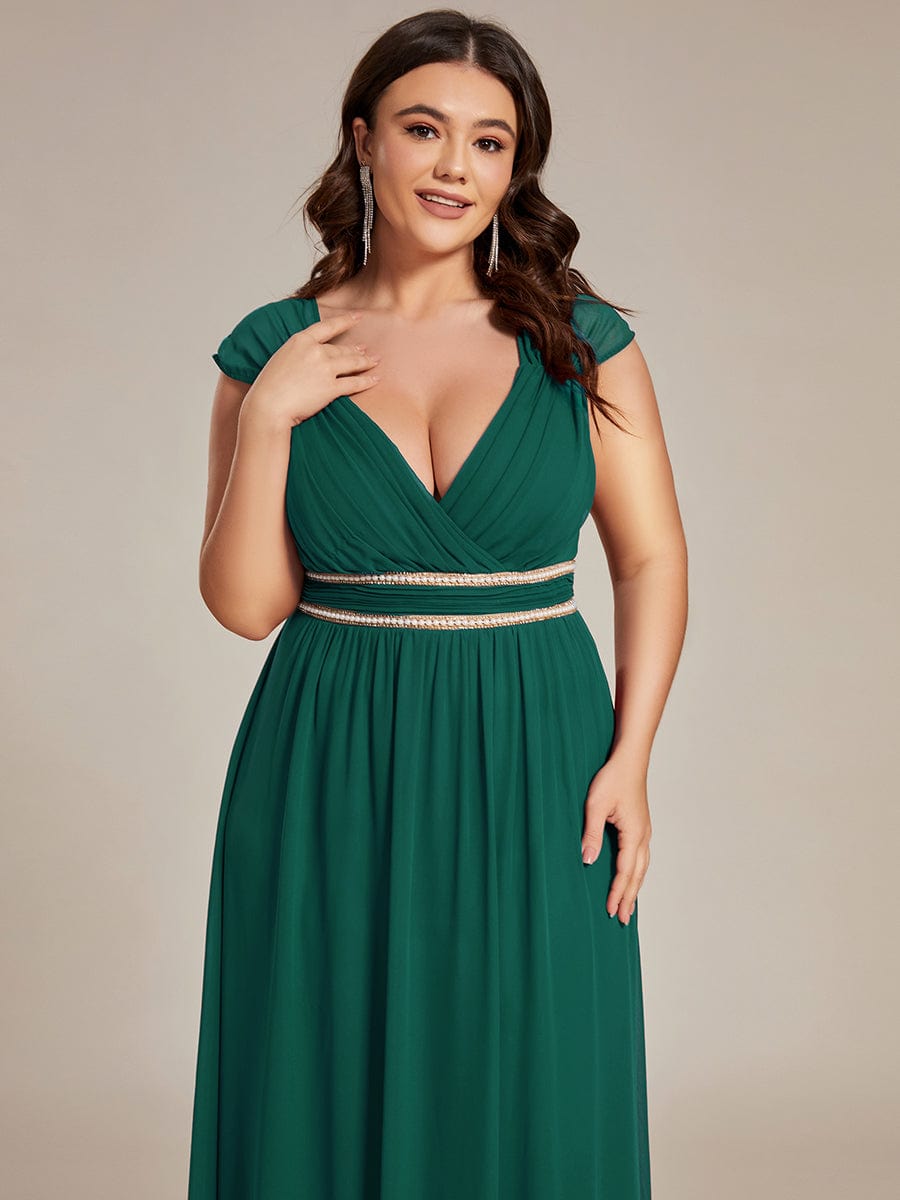 V-Neck Sleeveless Beaded Belt Chiffon A-Line Evening Dress #color_Dark Green