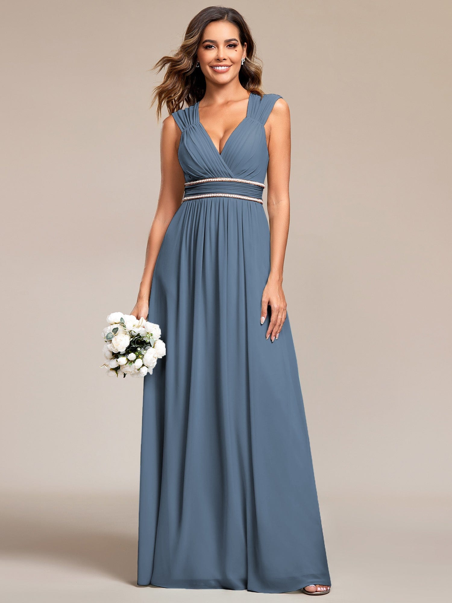 Custom Size V-Neck Sleeveless Beaded Belt Chiffon A-Line Evening Dress #color_Dusty Navy