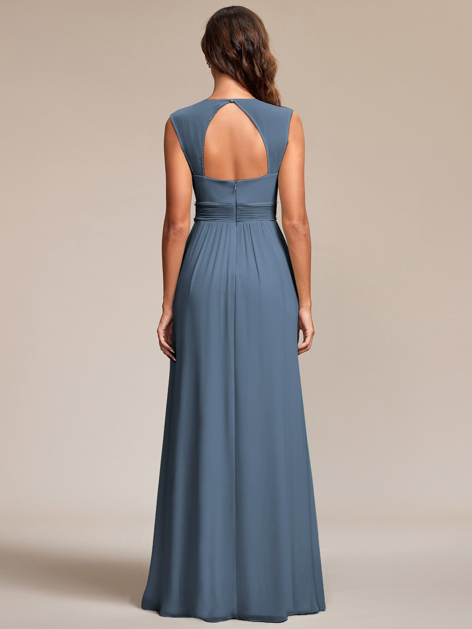 Custom Size V-Neck Sleeveless Beaded Belt Chiffon A-Line Evening Dress #color_Dusty Blue