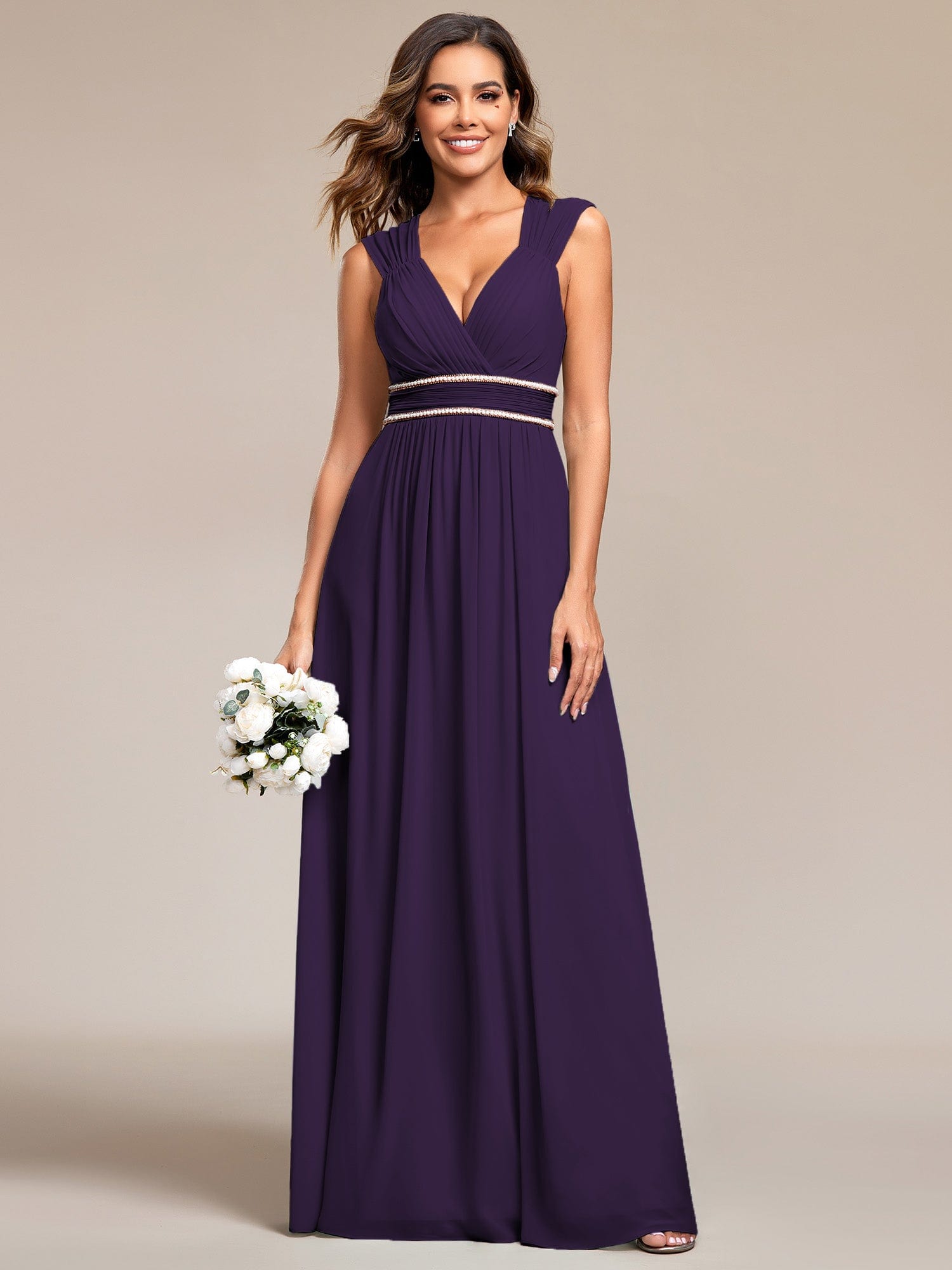 Custom Size V-Neck Sleeveless Beaded Belt Chiffon A-Line Evening Dress #color_Dark Purple