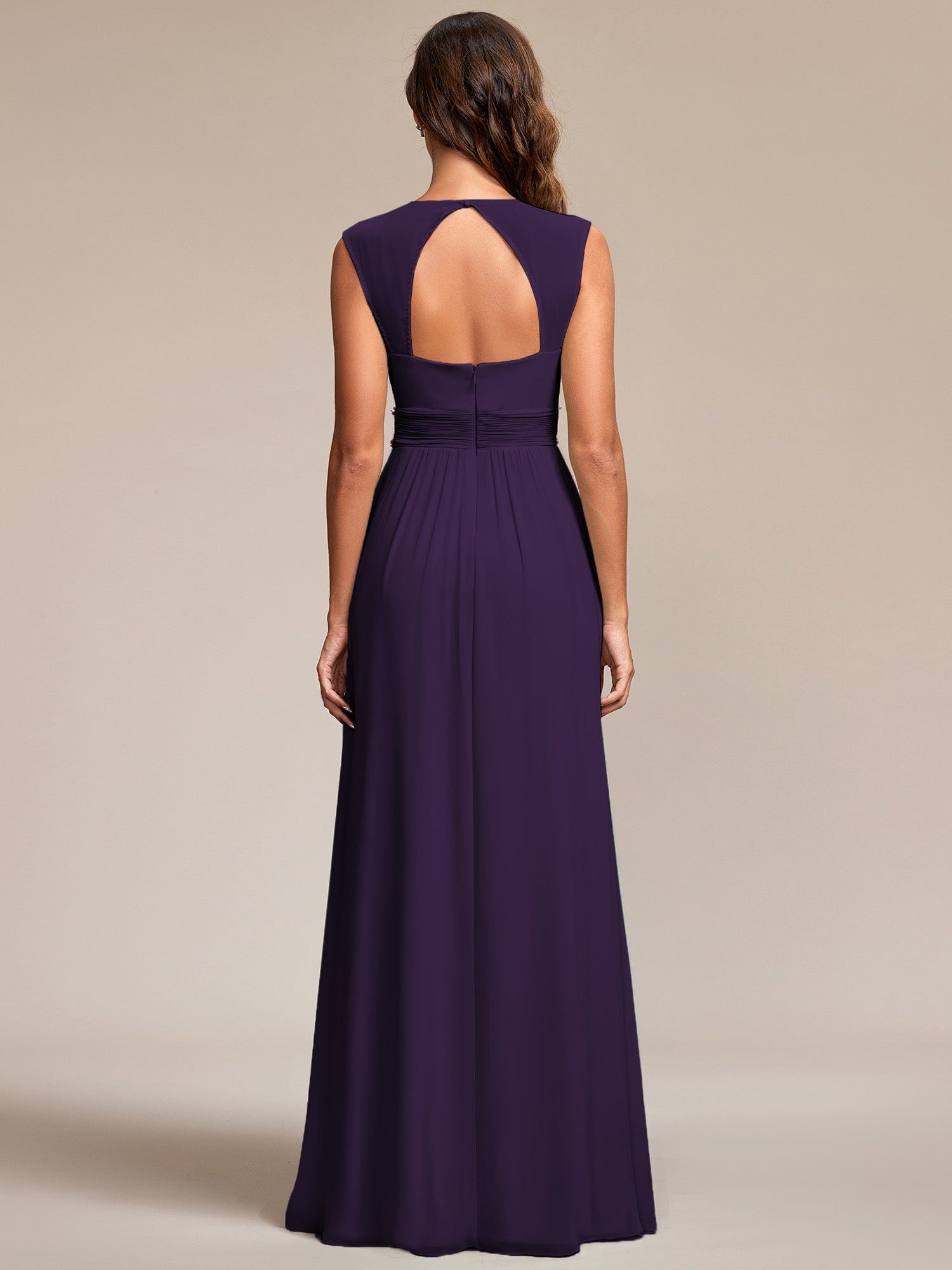 Custom Size V-Neck Sleeveless Beaded Belt Chiffon A-Line Evening Dress #color_Dark Purple