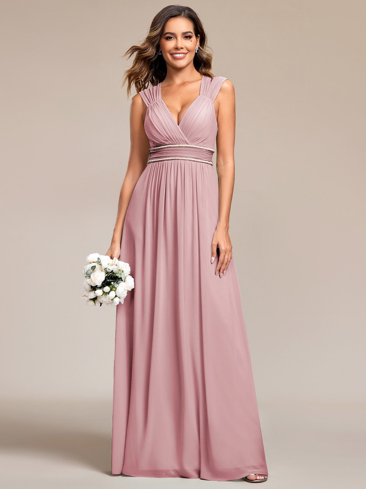 Custom Size V-Neck Sleeveless Beaded Belt Chiffon A-Line Evening Dress #color_Dusty Rose