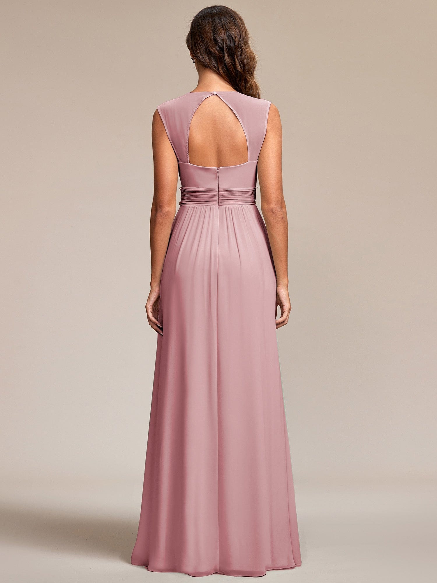 Custom Size V-Neck Sleeveless Beaded Belt Chiffon A-Line Evening Dress #color_Dusty Rose