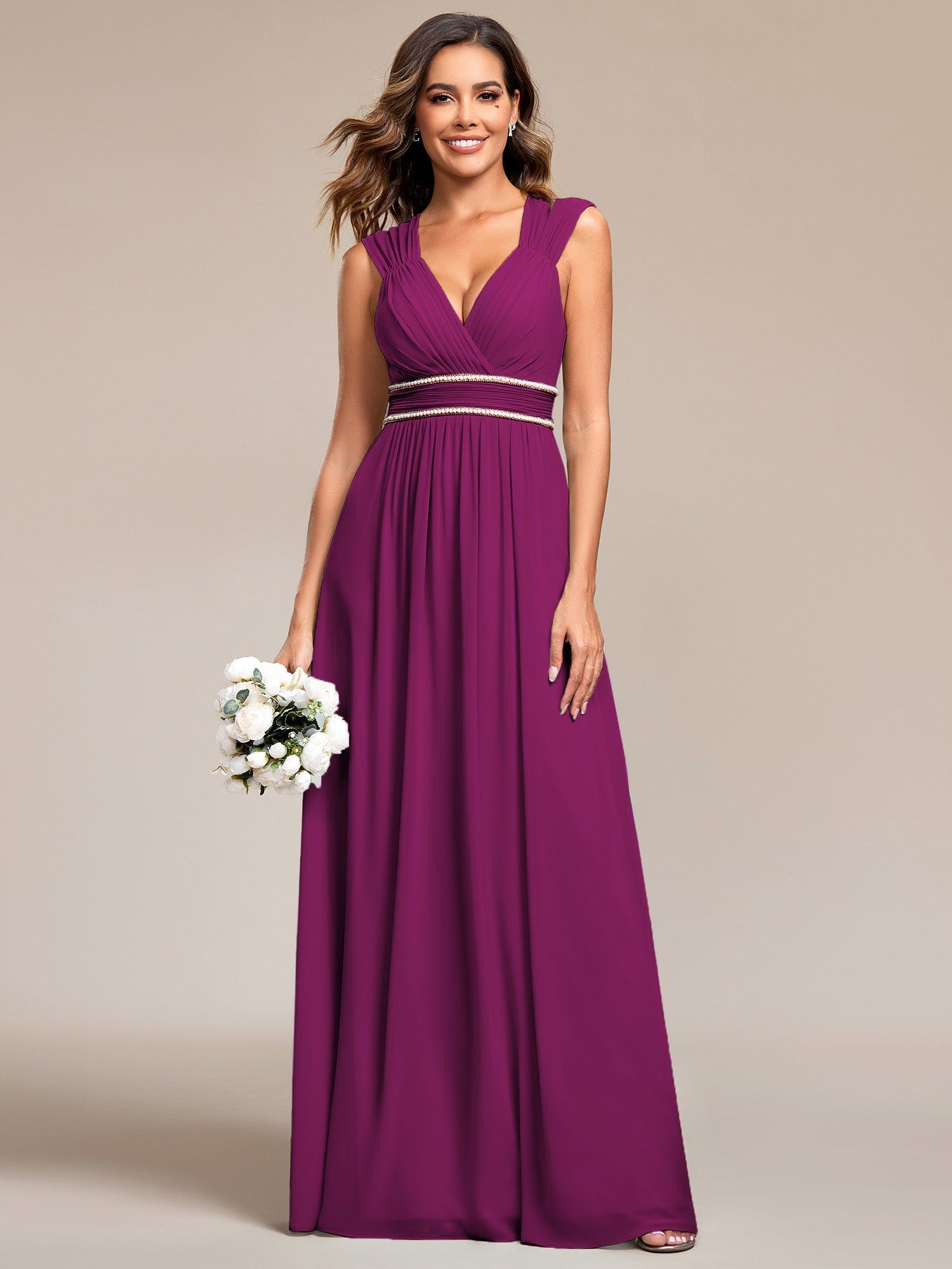 Custom Size V-Neck Sleeveless Beaded Belt Chiffon A-Line Evening Dress #color_Fuchsia