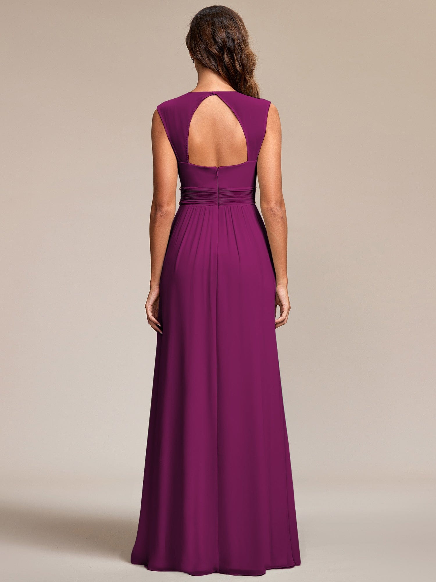 Custom Size V-Neck Sleeveless Beaded Belt Chiffon A-Line Evening Dress #color_Fuchsia