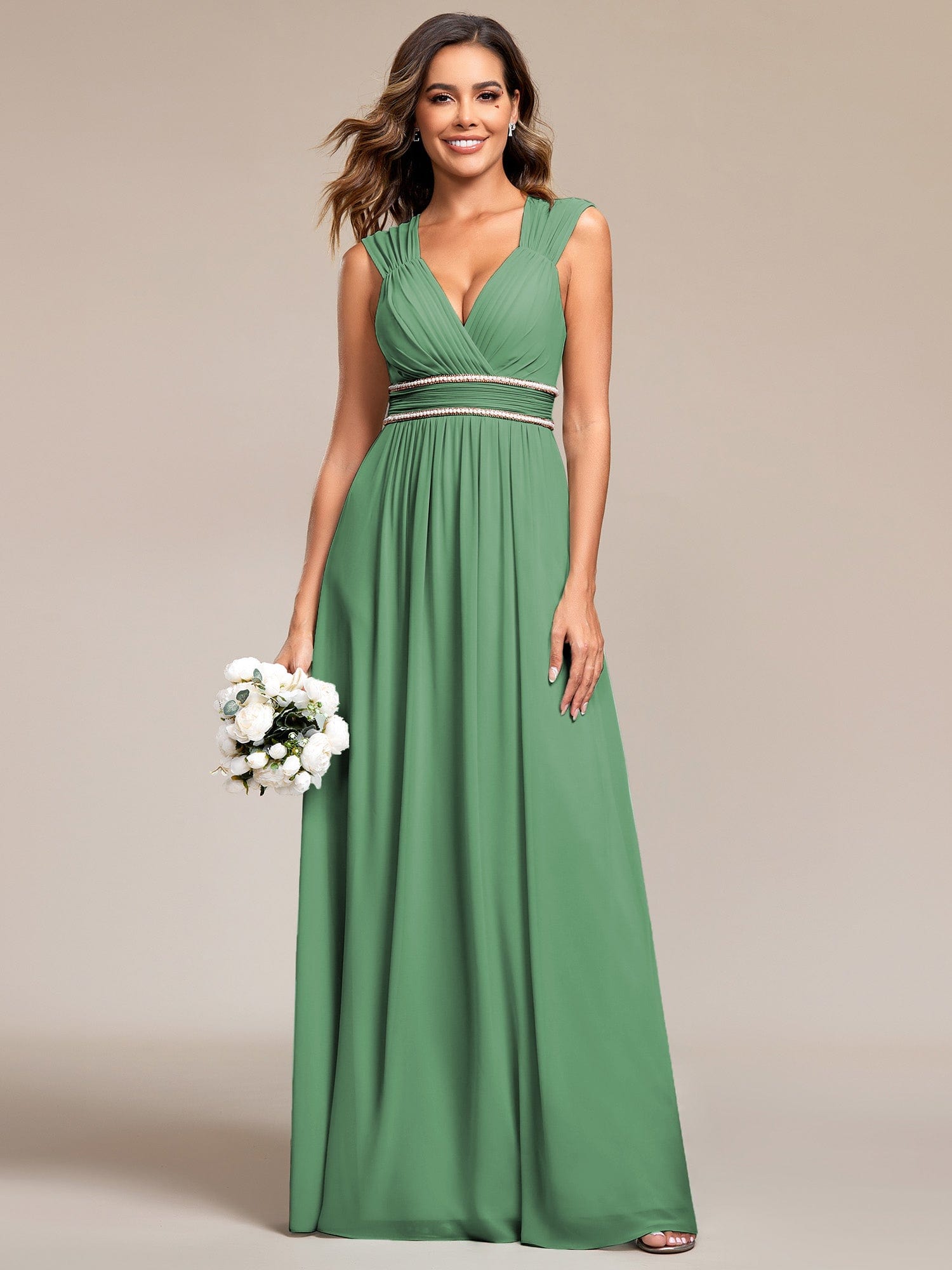 Custom Size V-Neck Sleeveless Beaded Belt Chiffon A-Line Evening Dress #color_Green Bean