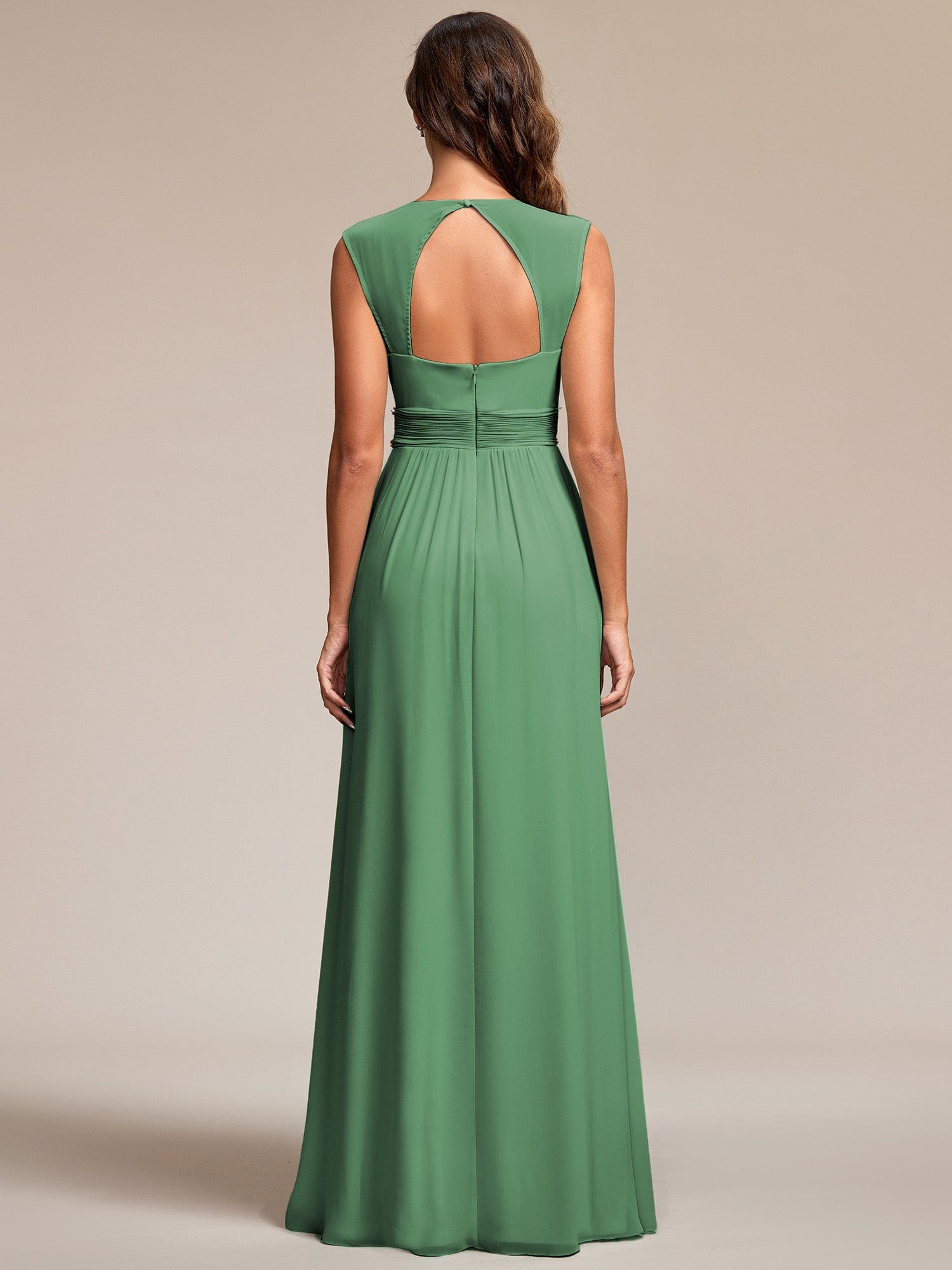 Custom Size V-Neck Sleeveless Beaded Belt Chiffon A-Line Evening Dress #color_Green Bean