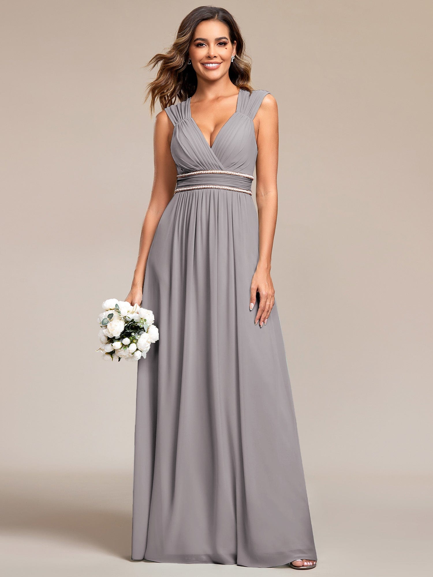 Custom Size V-Neck Sleeveless Beaded Belt Chiffon A-Line Evening Dress #color_Grey