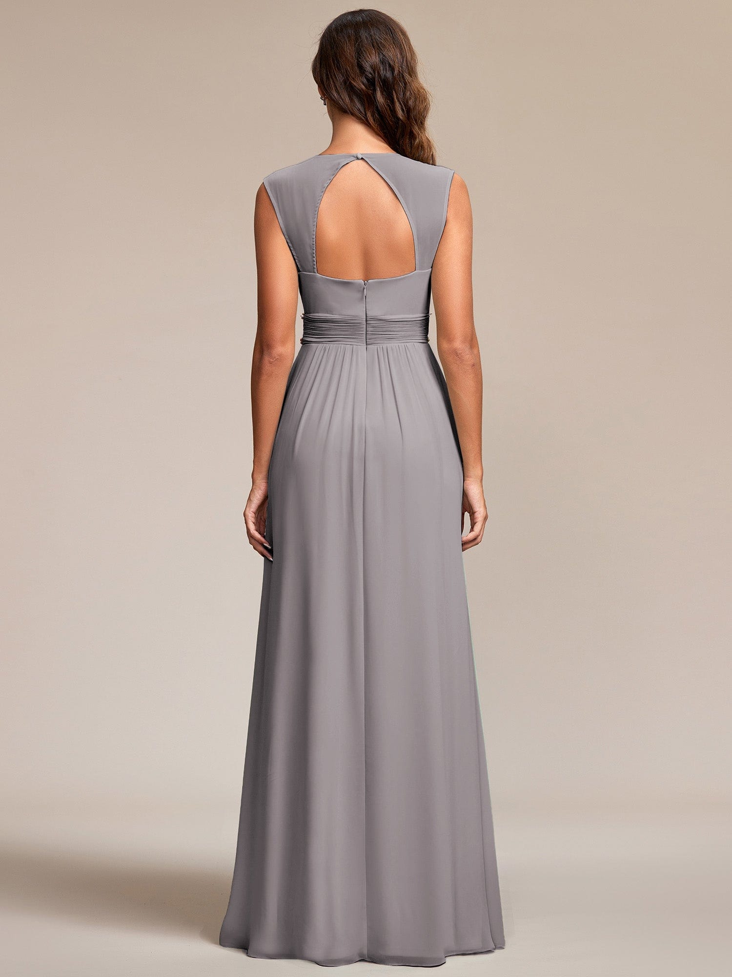 Custom Size V-Neck Sleeveless Beaded Belt Chiffon A-Line Evening Dress #color_Grey