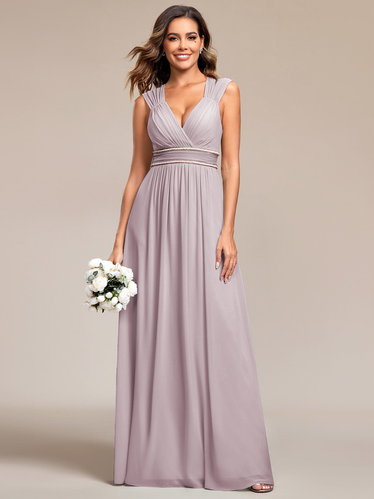 Custom Size V-Neck Sleeveless Beaded Belt Chiffon A-Line Evening Dress #color_Lilac