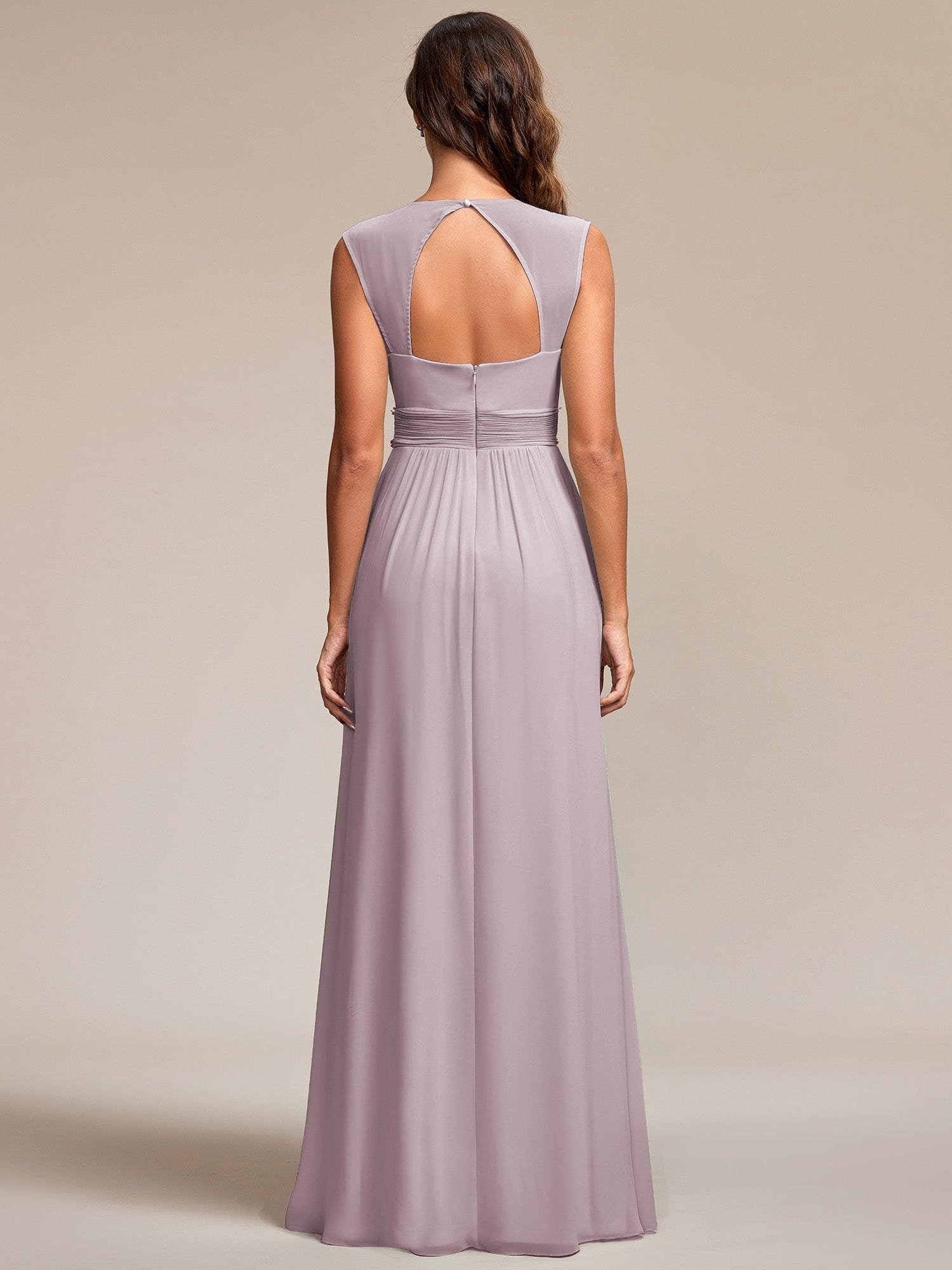 Custom Size V-Neck Sleeveless Beaded Belt Chiffon A-Line Evening Dress #color_Lilac