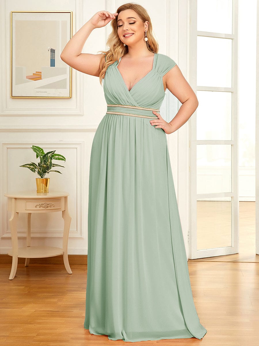 Plus Size Sleeveless Beaded Belt Chiffon Formal Summer Dresses #color_Mint Green