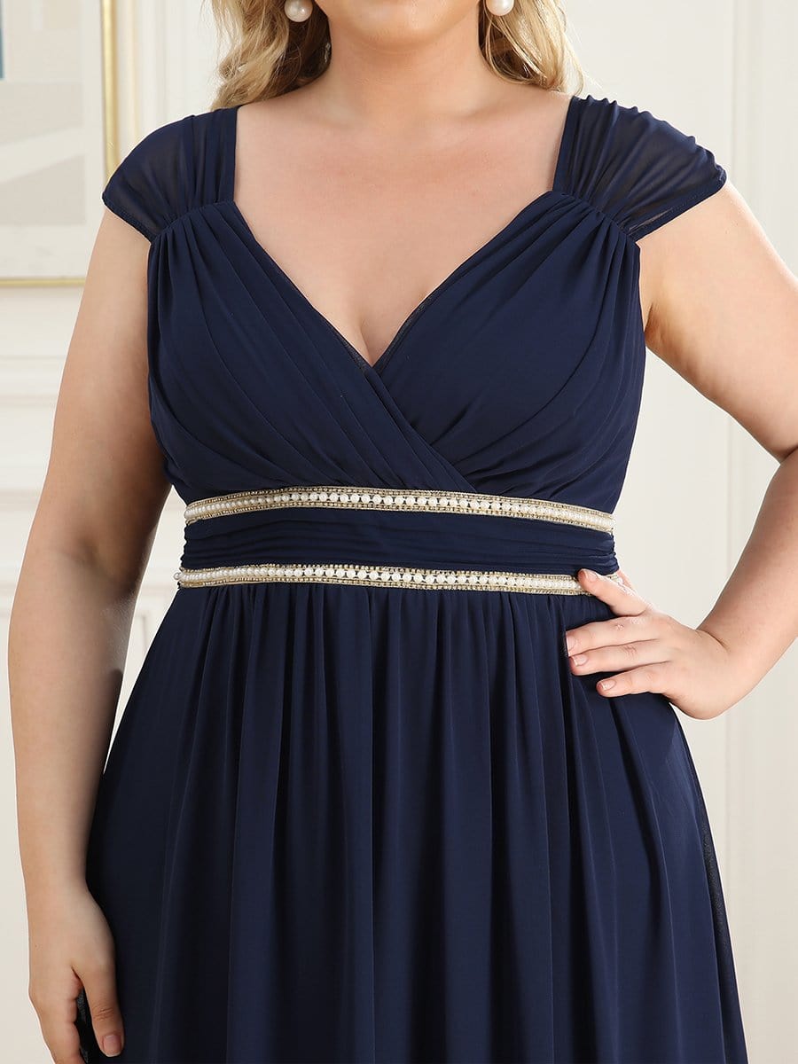 Plus Size Sleeveless Beaded Belt Chiffon Formal Summer Dresses #color_Navy Blue 