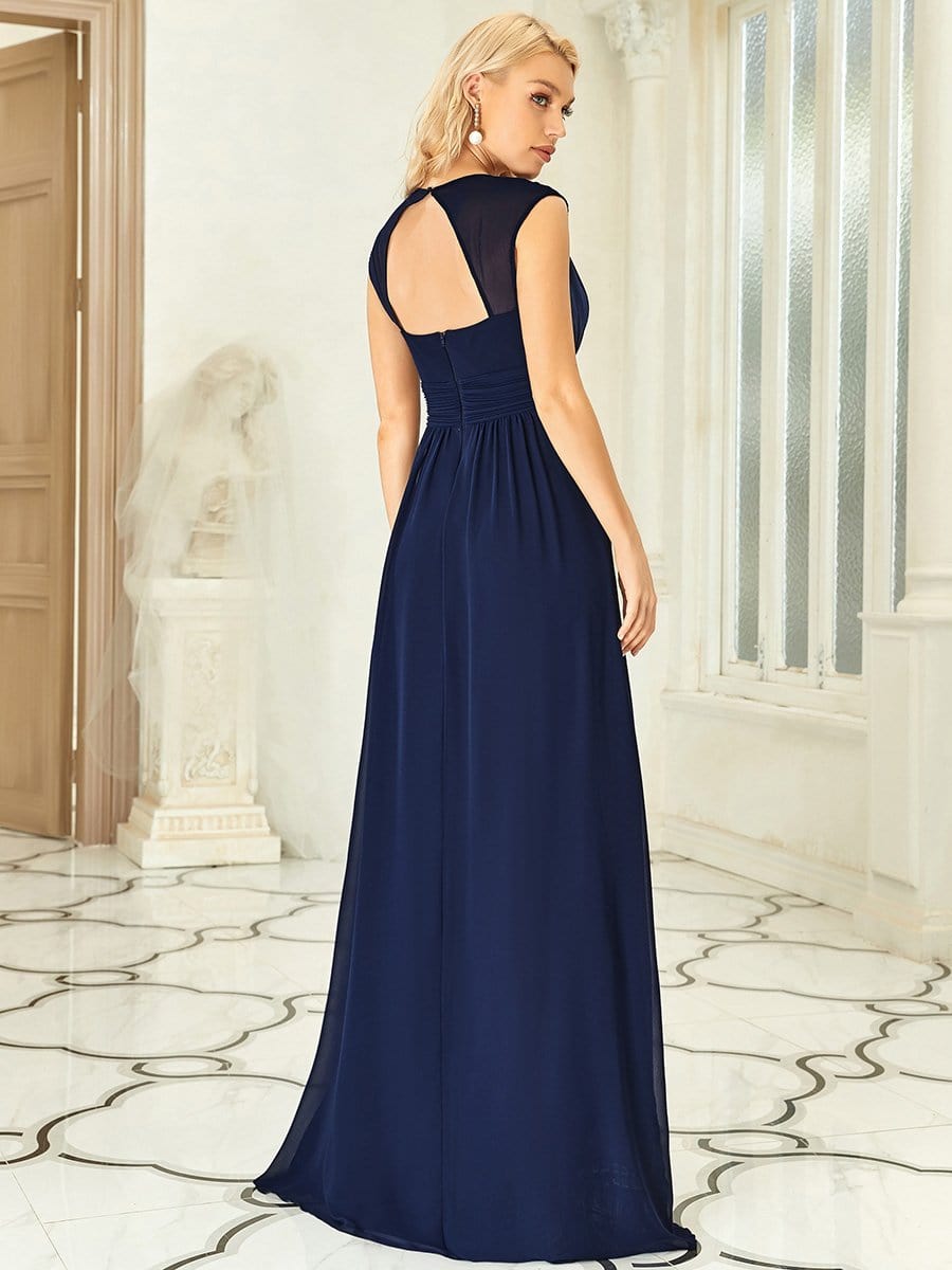 V-Neck Sleeveless Beaded Belt Chiffon A-Line Evening Dress #color_Navy Blue 