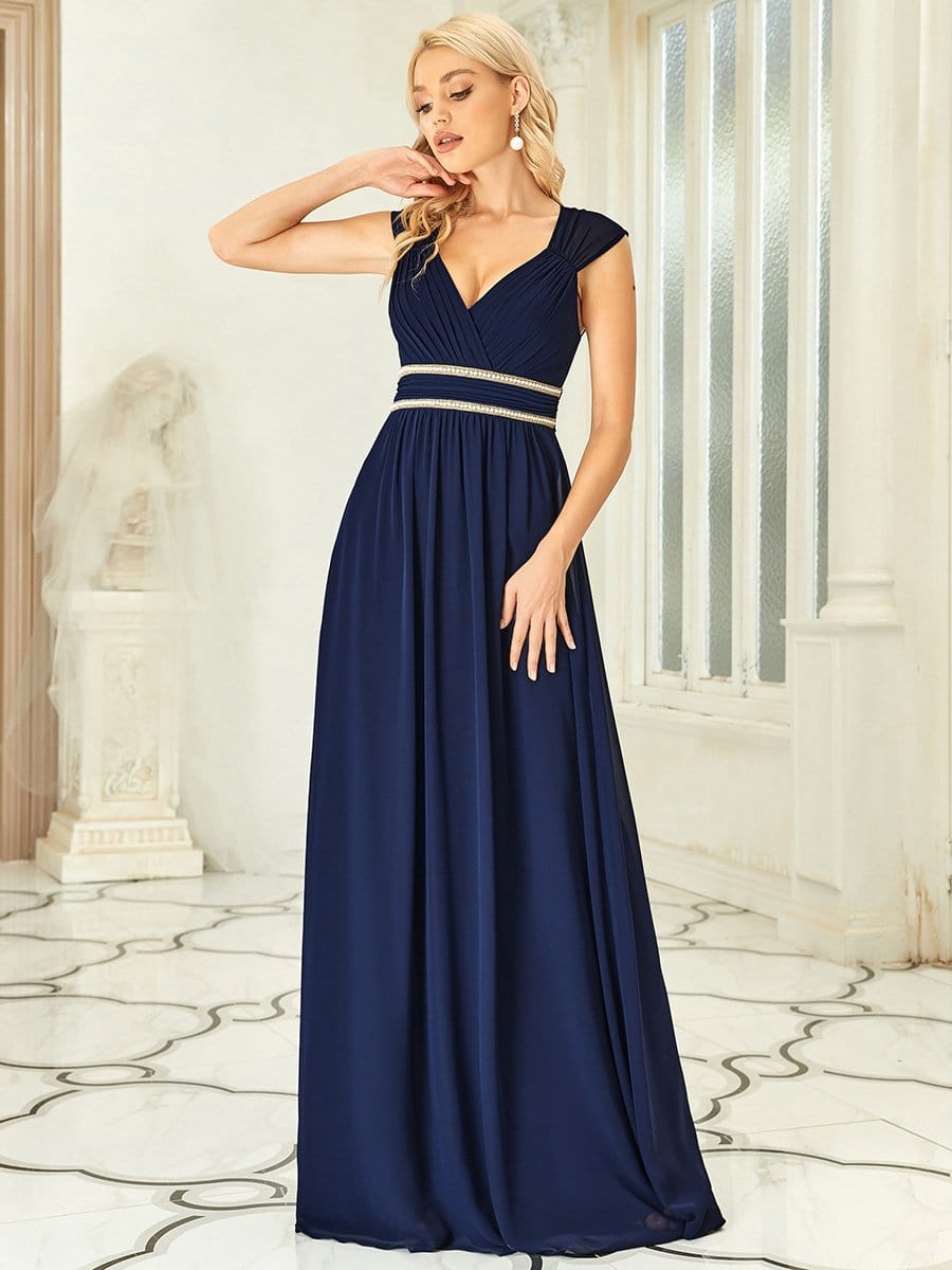 V-Neck Sleeveless Beaded Belt Chiffon A-Line Evening Dress #color_Navy Blue 