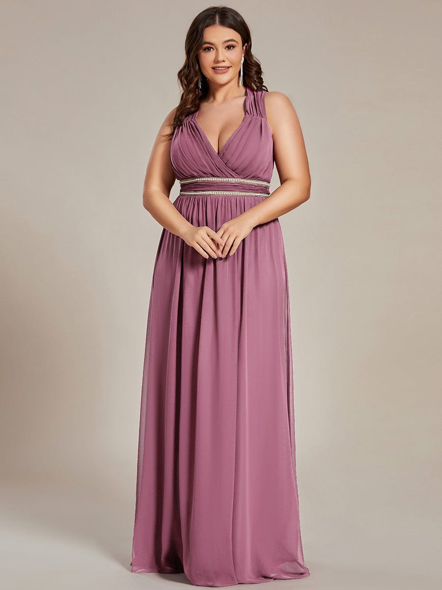 Custom Size V-Neck Sleeveless Beaded Belt Chiffon A-Line Evening Dress #color_Purple Orchid