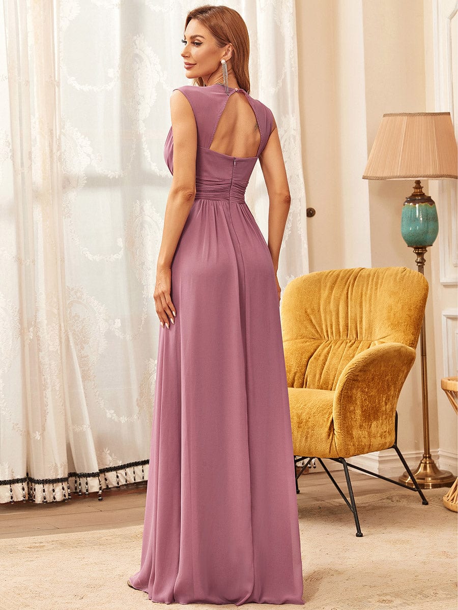 V-Neck Sleeveless Beaded Belt Chiffon A-Line Evening Dress #color_Purple Orchid