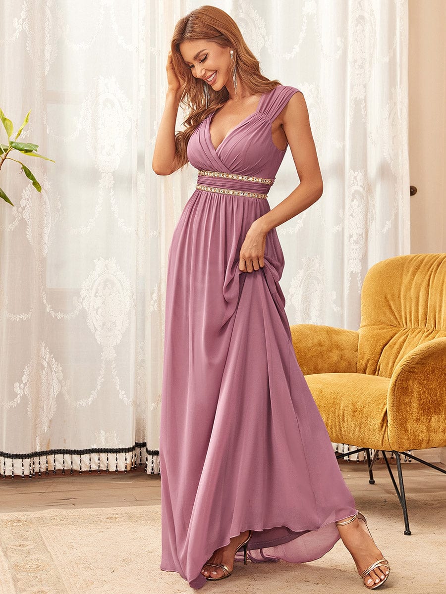 V-Neck Sleeveless Beaded Belt Chiffon A-Line Evening Dress #color_Purple Orchid