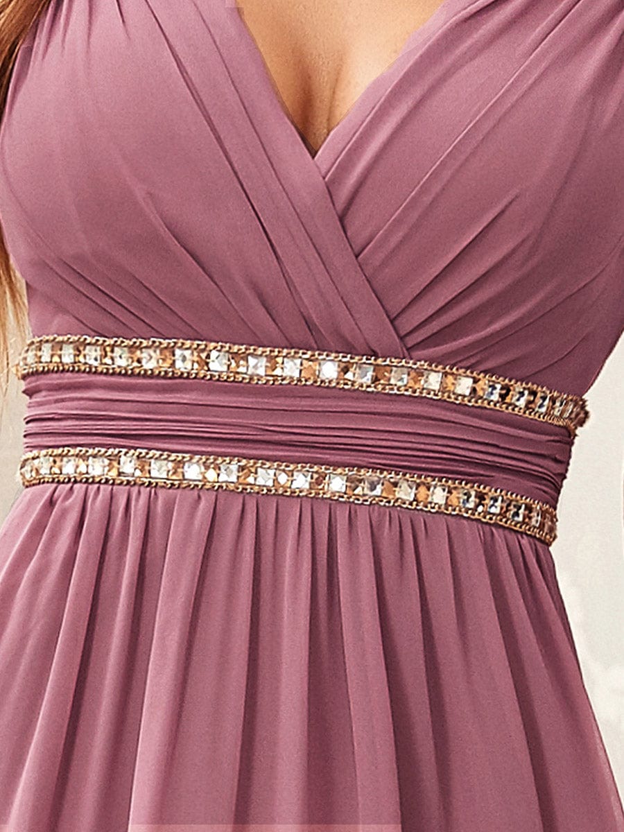 V-Neck Sleeveless Beaded Belt Chiffon A-Line Evening Dress #color_Purple Orchid