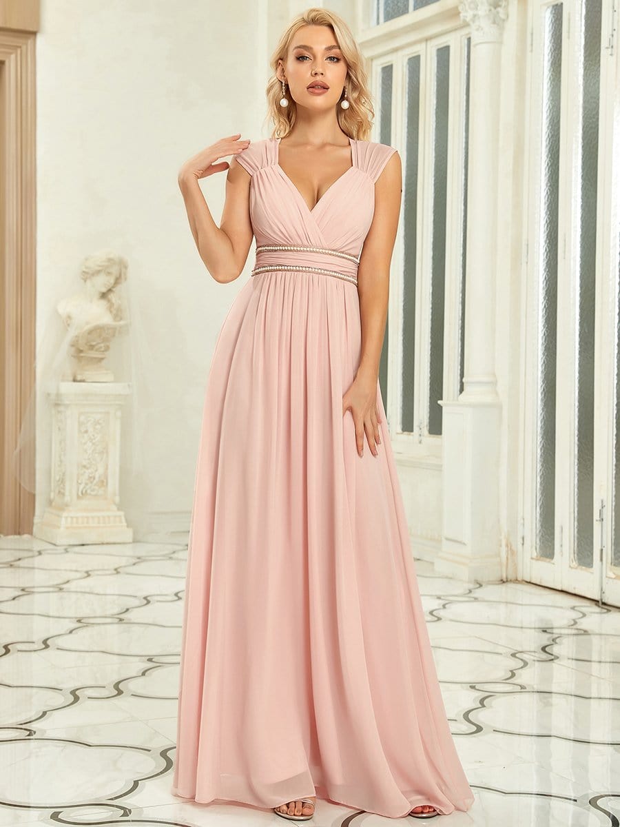 V-Neck Sleeveless Beaded Belt Chiffon A-Line Evening Dress #color_Pink 