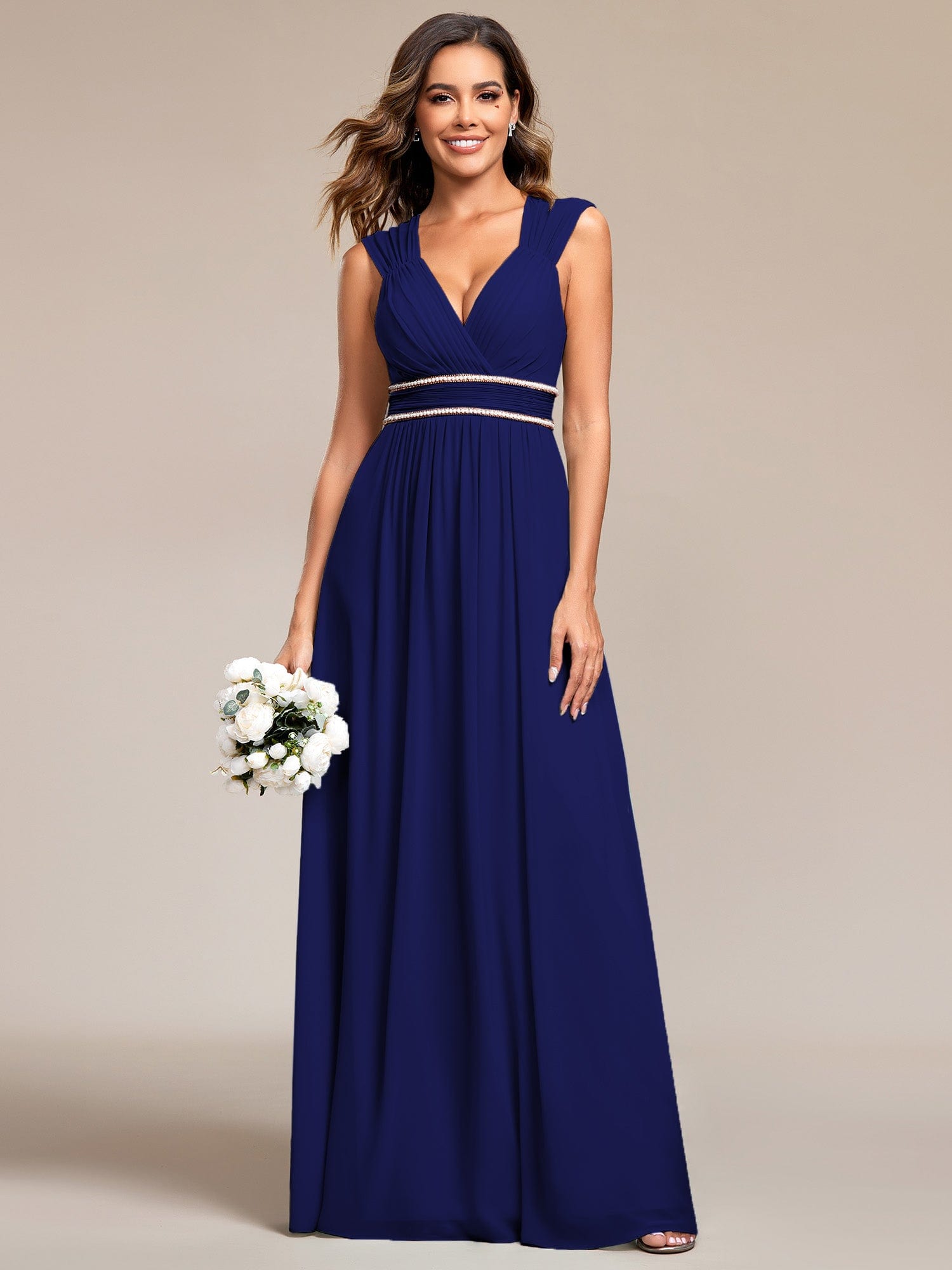 Custom Size V-Neck Sleeveless Beaded Belt Chiffon A-Line Evening Dress #color_Royal Blue