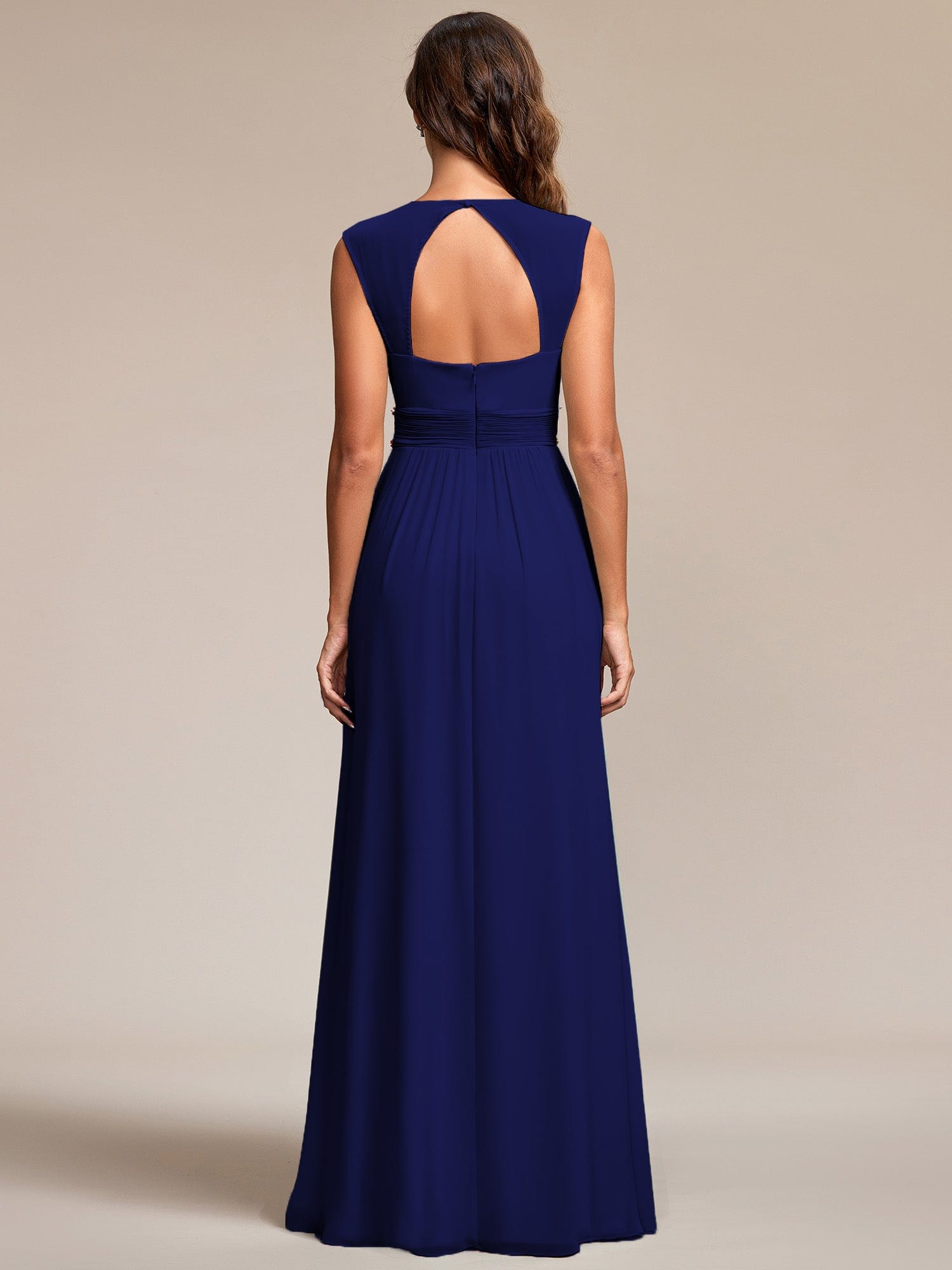 Custom Size V-Neck Sleeveless Beaded Belt Chiffon A-Line Evening Dress #color_Royal Blue