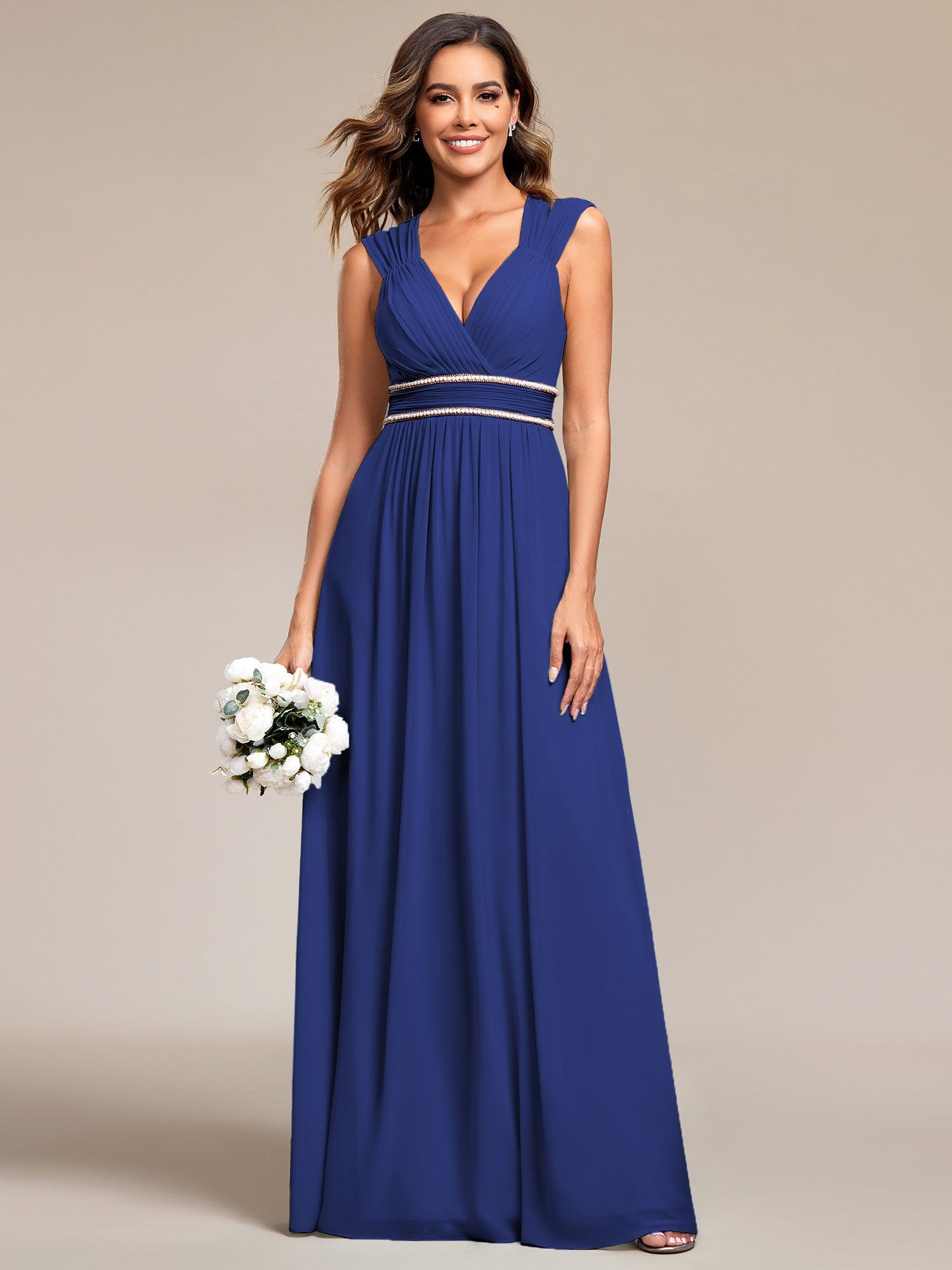 Custom Size V-Neck Sleeveless Beaded Belt Chiffon A-Line Evening Dress #color_Sapphire Blue