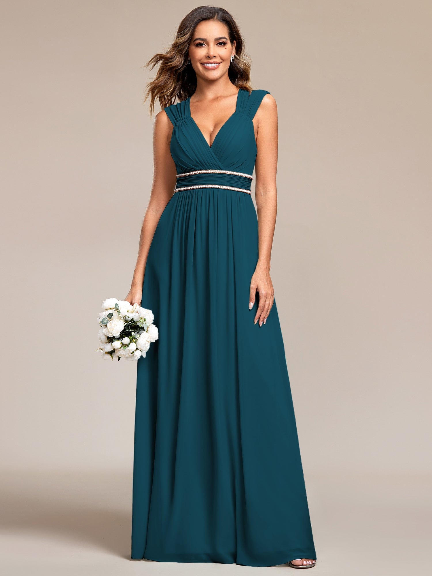 Custom Size V-Neck Sleeveless Beaded Belt Chiffon A-Line Evening Dress #color_Teal