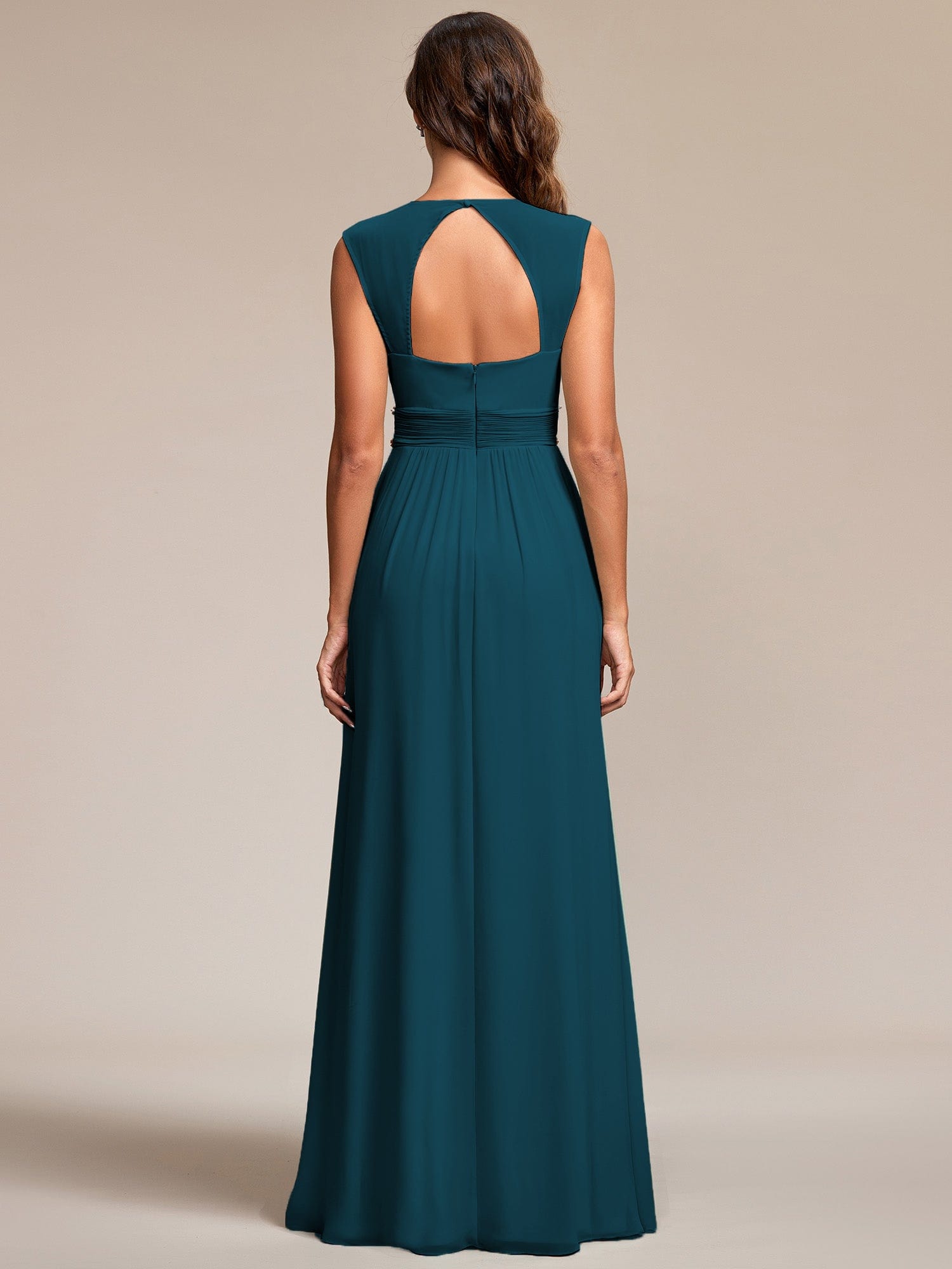 Custom Size V-Neck Sleeveless Beaded Belt Chiffon A-Line Evening Dress #color_Teal