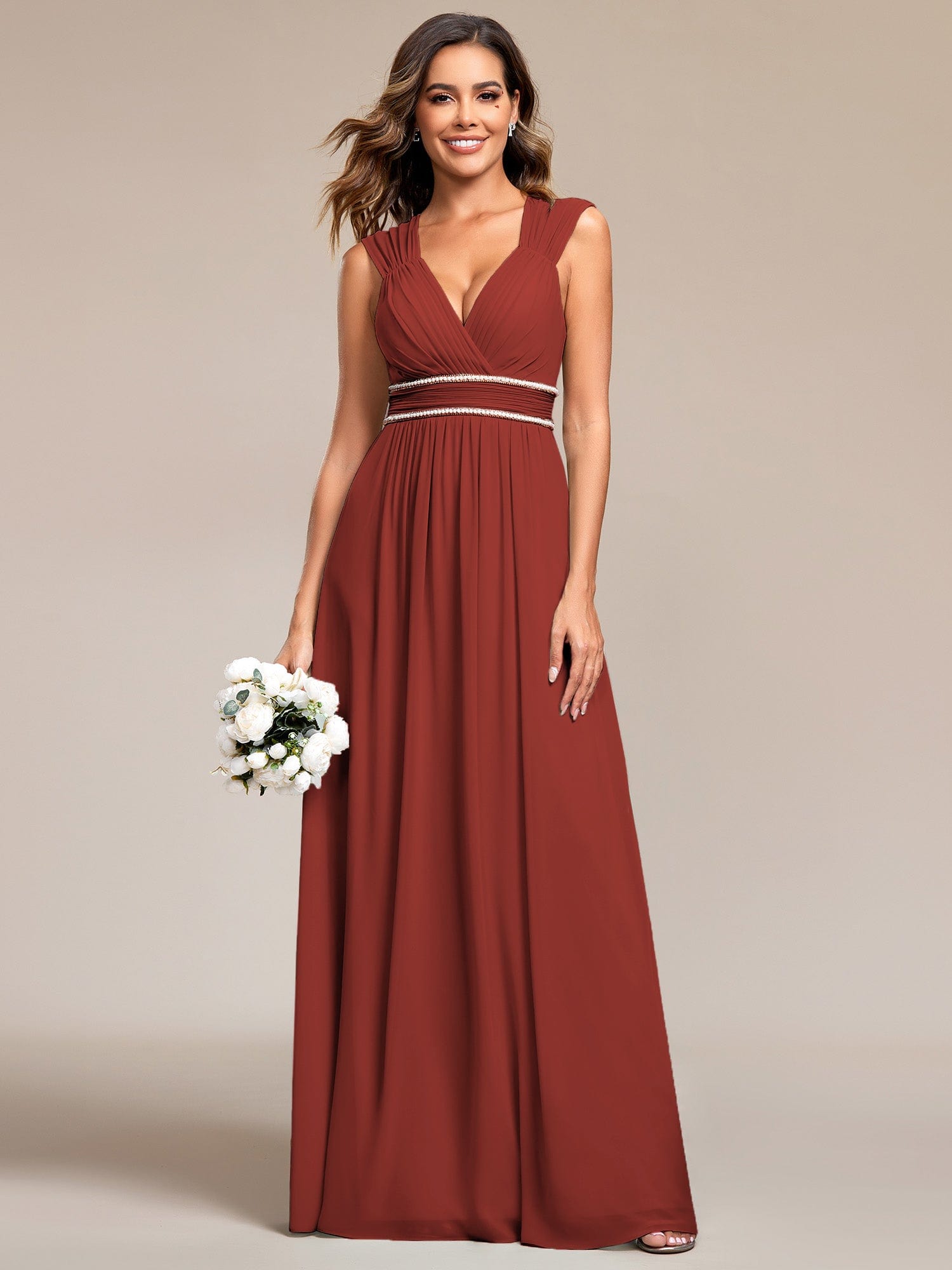 Custom Size V-Neck Sleeveless Beaded Belt Chiffon A-Line Evening Dress #color_Vermilion