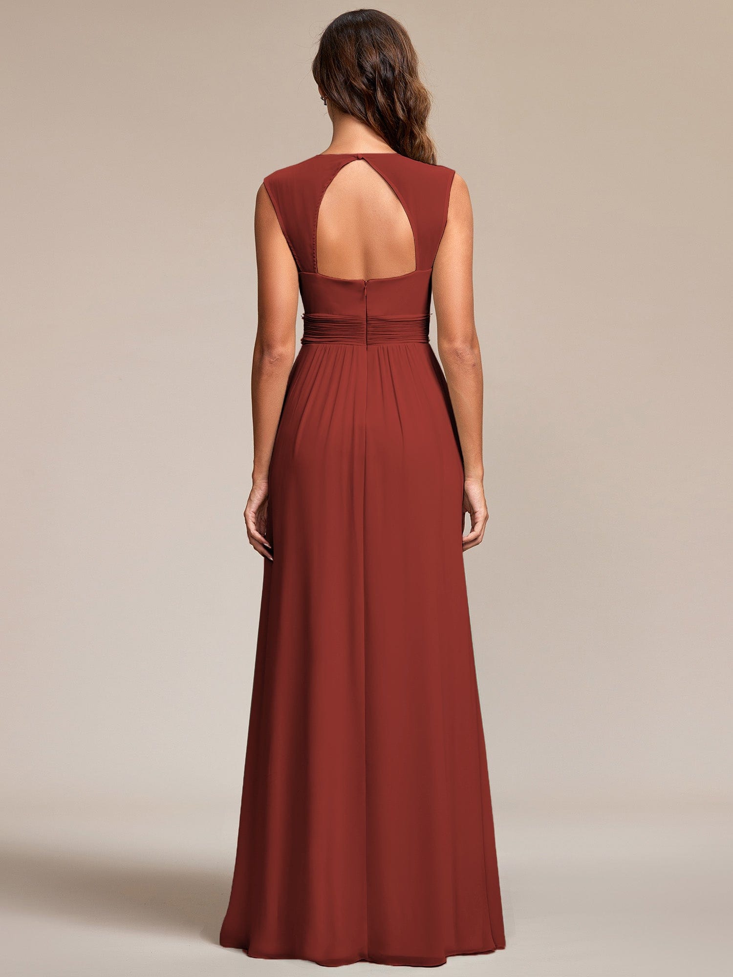 Custom Size V-Neck Sleeveless Beaded Belt Chiffon A-Line Evening Dress #color_Vermilion