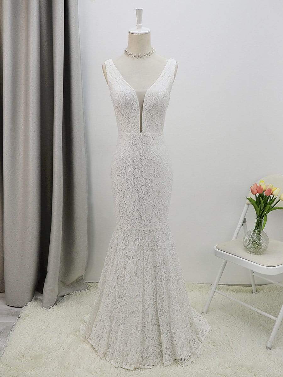 Dainty Deep V Neck Sleeveless Fishtail Lace Wedding Dress #color_White 