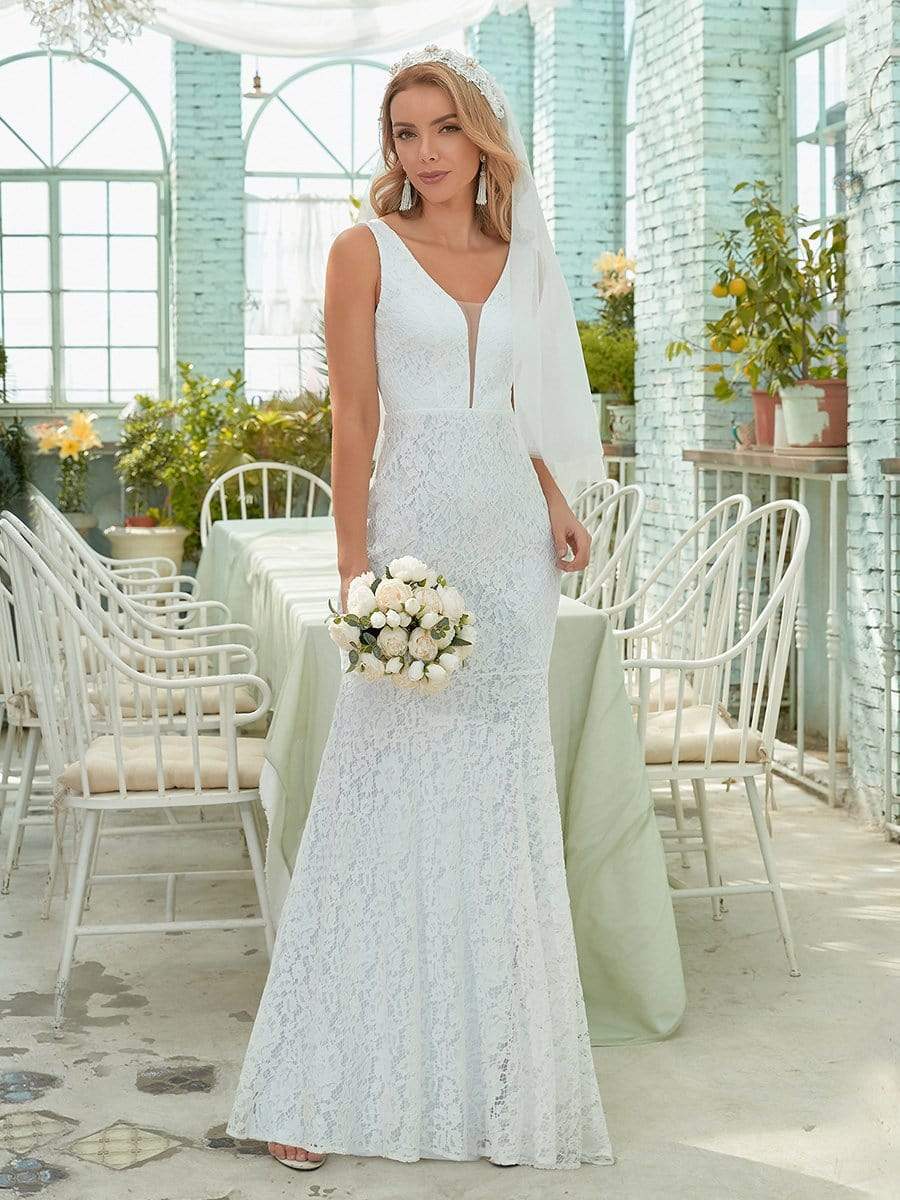 Dainty Deep V Neck Sleeveless Fishtail Lace Wedding Dress #color_White 