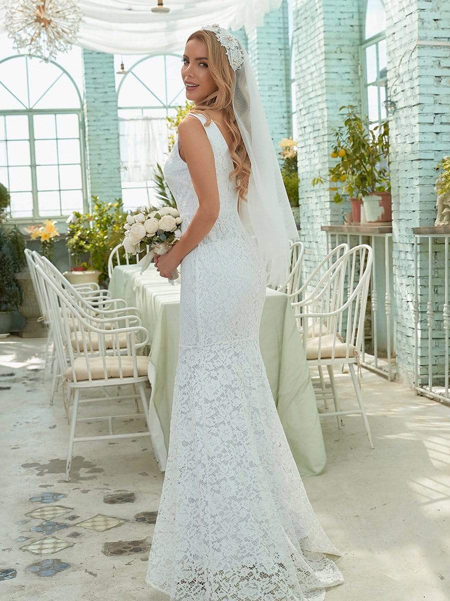 Dainty Deep V Neck Sleeveless Fishtail Lace Wedding Dress #color_White 