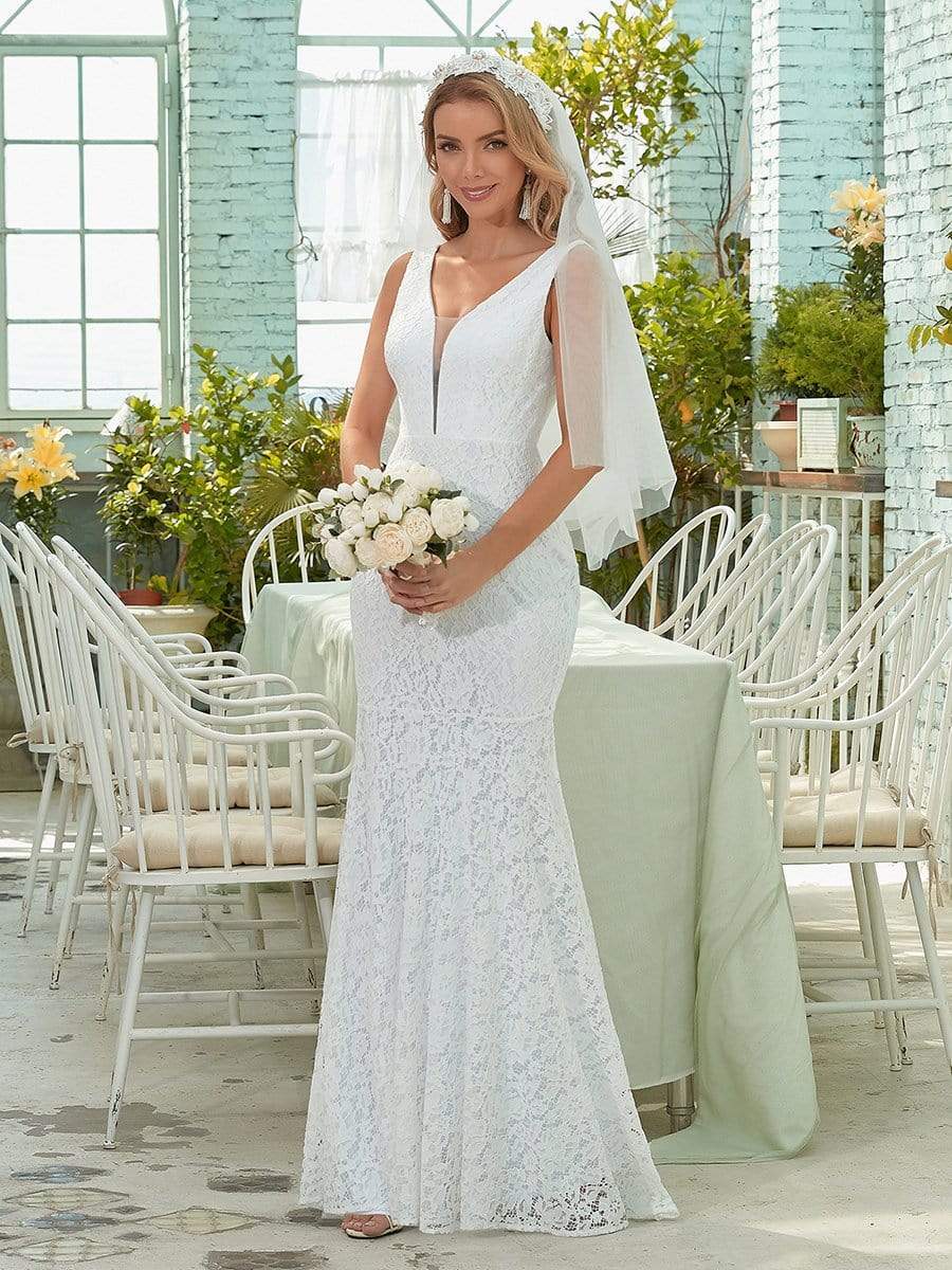 Elegant White Simple Lace Mermaid Wedding Dress for Eloping - Ever-Pretty US