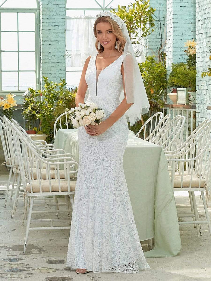 Elegant White Simple Lace Mermaid Wedding Dress for Eloping - Ever ...