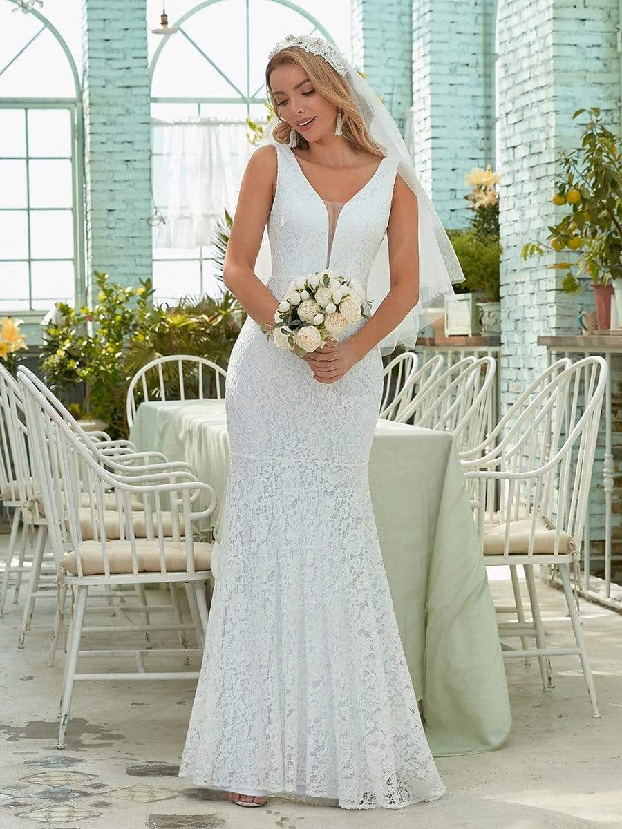 Elegant White Simple Lace Mermaid Wedding Dress for Eloping Ever Pretty US