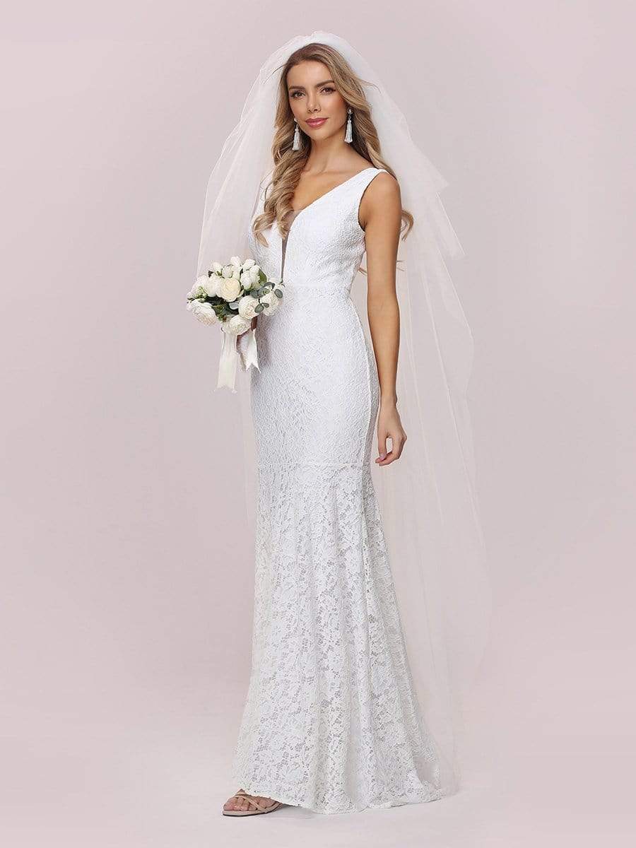 Dainty Deep V Neck Sleeveless Fishtail Lace Wedding Dress #color_White 