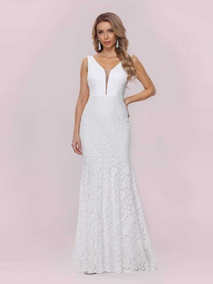 Dainty Deep V Neck Sleeveless Fishtail Lace Wedding Dress #color_White 