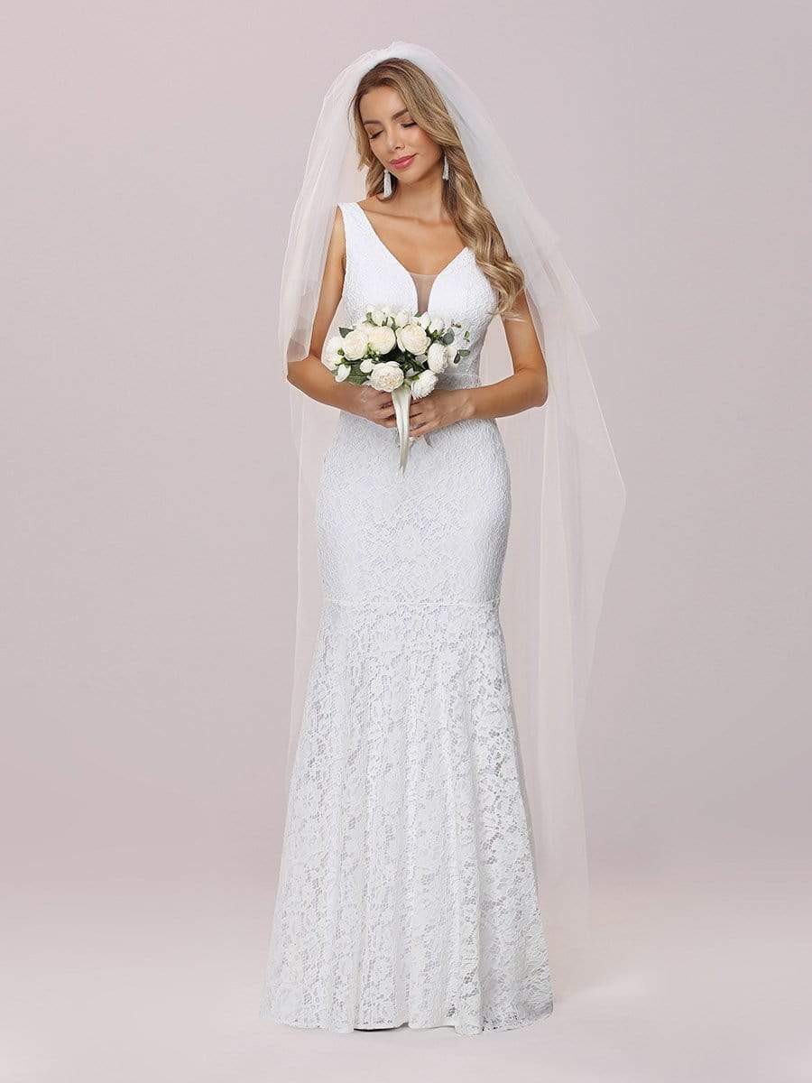 Dainty Deep V Neck Sleeveless Fishtail Lace Wedding Dress #color_White 