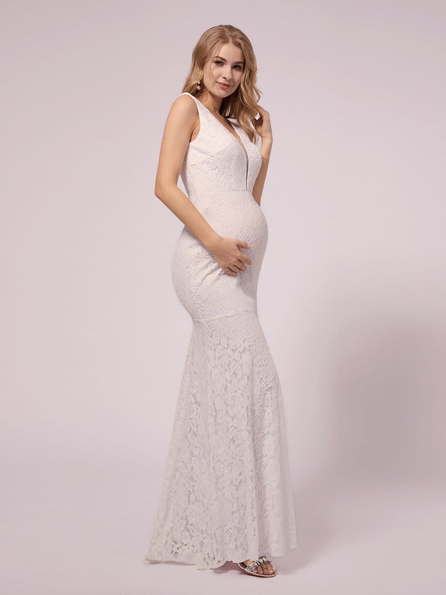 Maxi Long Lace V-neck Fishtail Maternity Dress for Wedding #color_White 