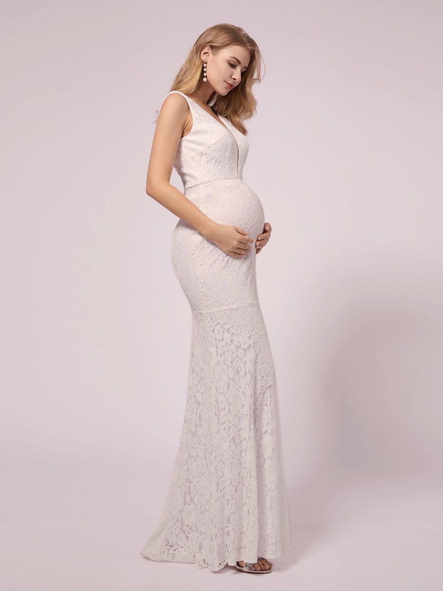 Maxi Long Lace V-neck Fishtail Maternity Dress for Wedding #color_White 