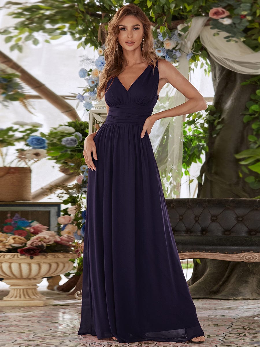 Sleeveless V-Neck Plain Maxi Chiffon Bridesmaid Dress #color_Dark Purple