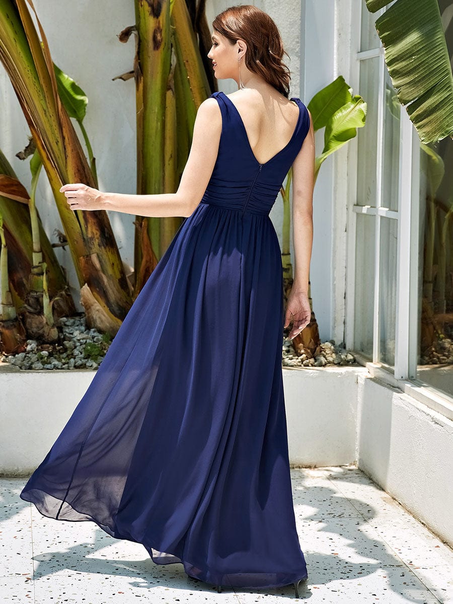 Sleeveless V-Neck Plain Maxi Chiffon Bridesmaid Dress #color_Navy Blue