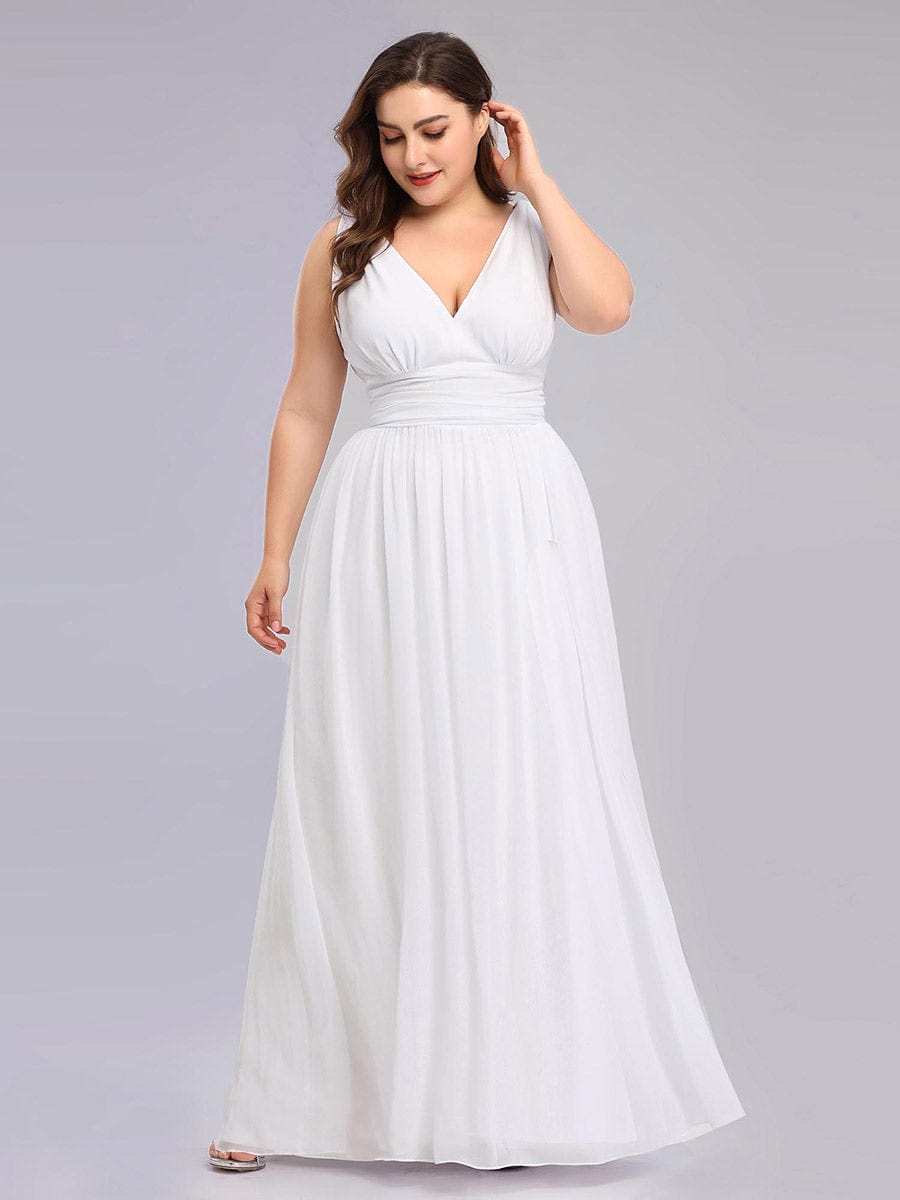 Custom Size V Neck Sleeveless Pleated Chiffon Wedding Dress #color_White