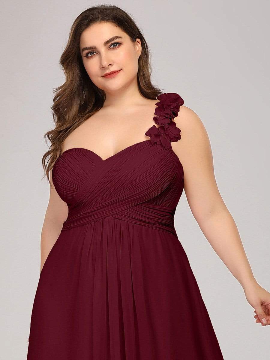 Plus Size One Shoulder Long Chiffon Bridesmaid Dress #color_Burgundy