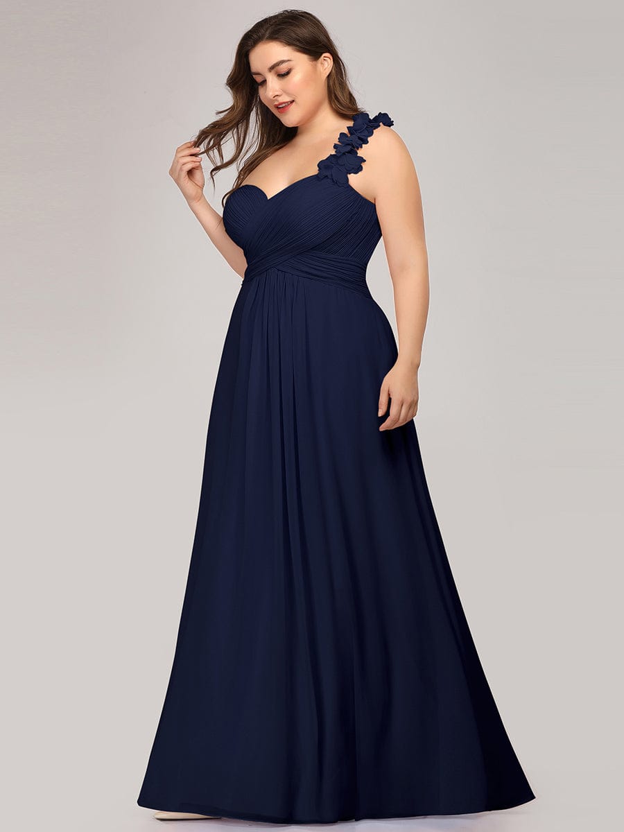 Plus Size One Shoulder Long Chiffon Bridesmaid Dress #color_Navy Blue