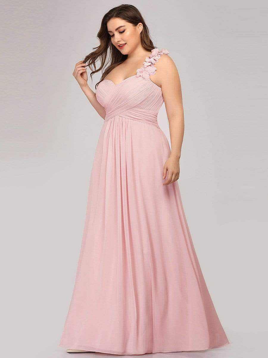 Plus Size One Shoulder Long Chiffon Bridesmaid Dress #color_Pink