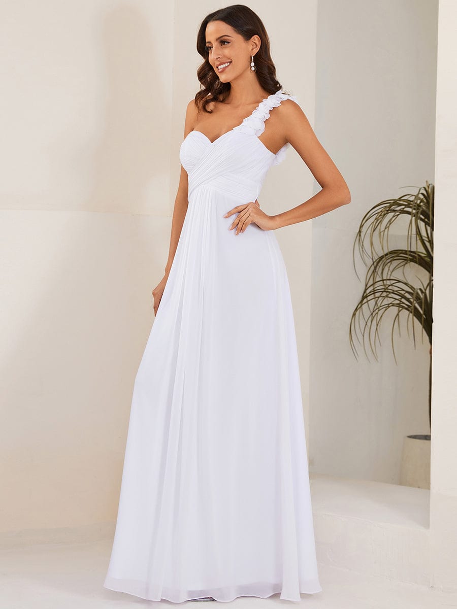 Sweet Pleated Bodice One Shoulder Chiffon Bridesmaid Dress #color_White