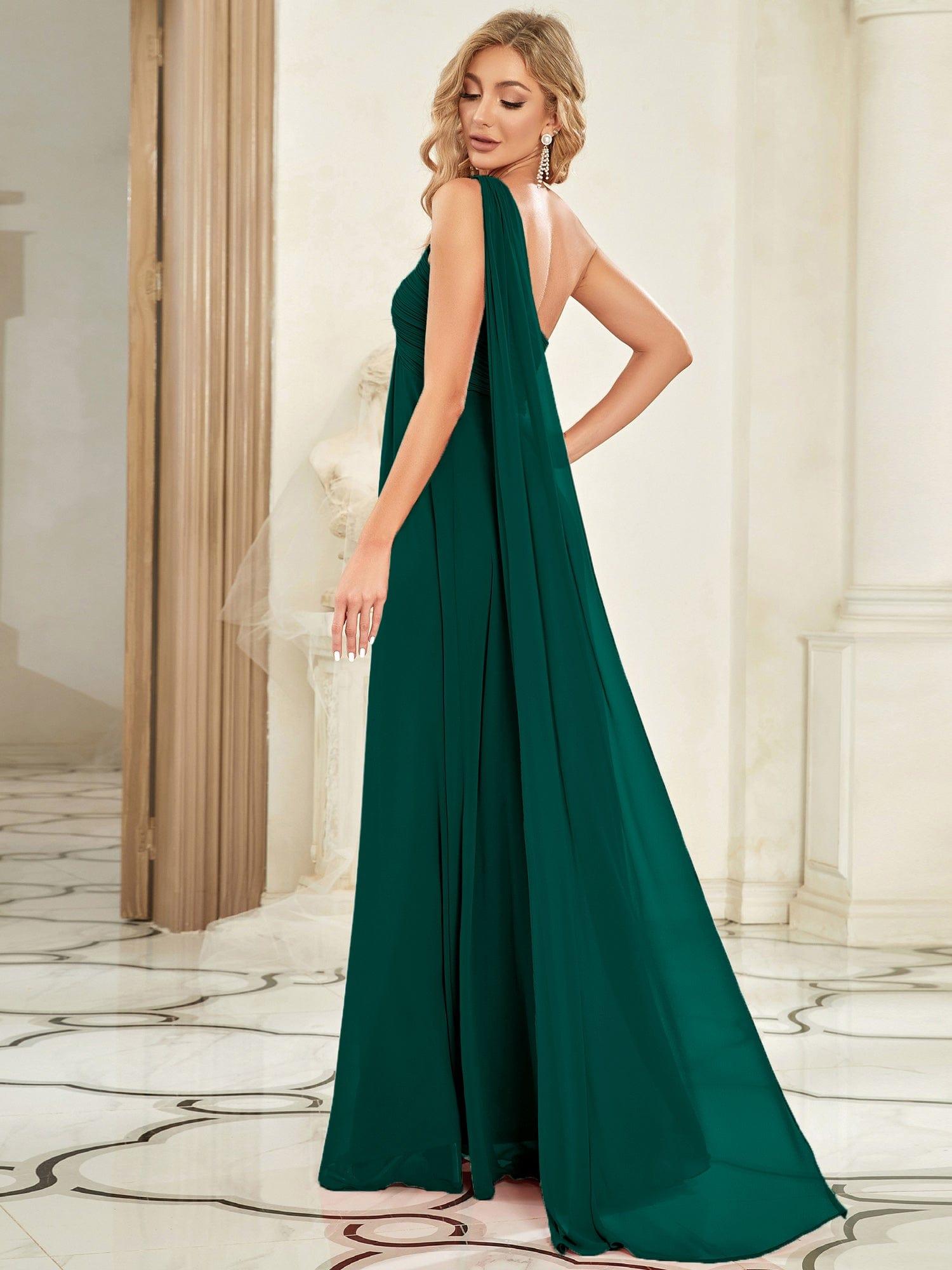 Custom Size Pleated One Shoulder Long Chiffon Evening Dress #color_Dark Green